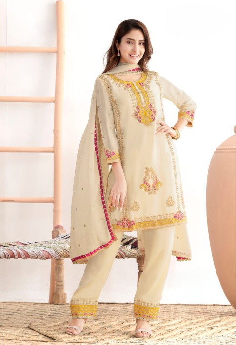 Cream Embroidered Chinnon Pant Kameez for Festival